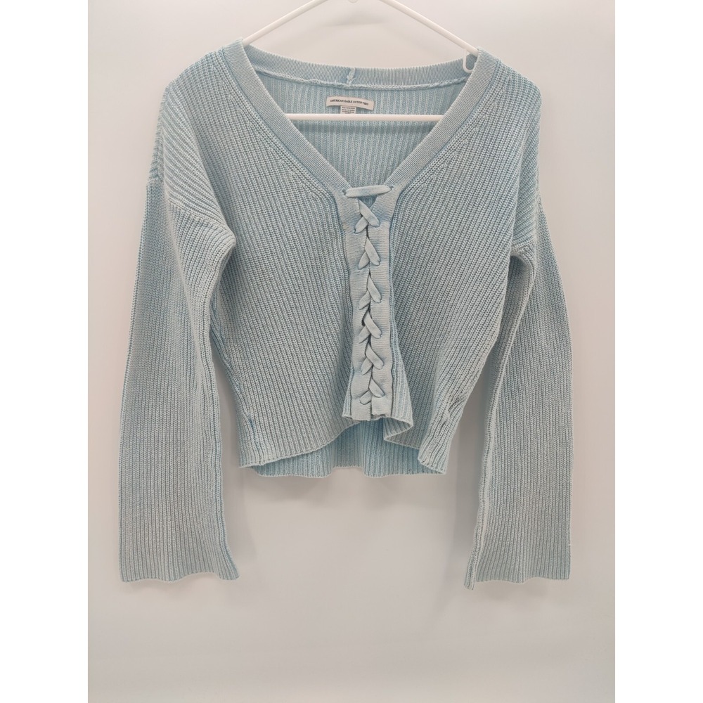 American Eagle Light Blue Lace Up V-Neck Ribbed Cropped Cotton Sweater XS